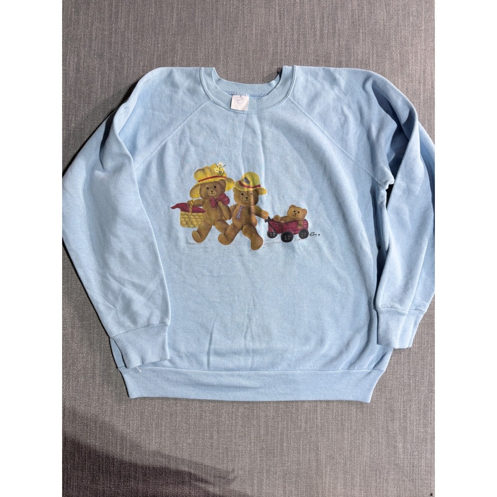 Vintage Pannill Teddy Bear Graphic Sweatshirt Light Blue Jan Young USA Made XL